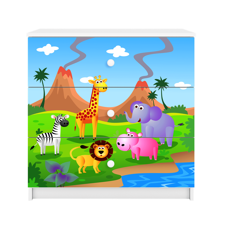 Babydreams brnekommode med safari dyr, m. 3 skuffer - hvid laminat