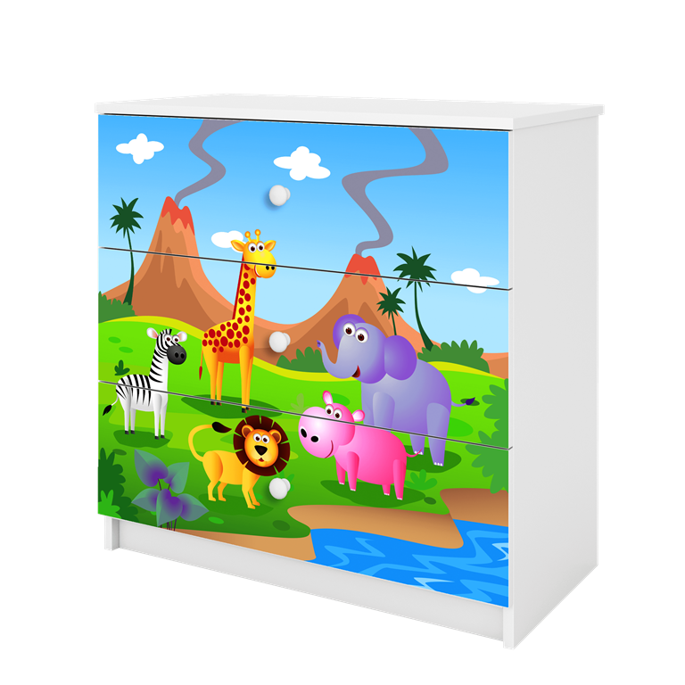 Babydreams brnekommode med safari dyr, m. 3 skuffer - hvid laminat