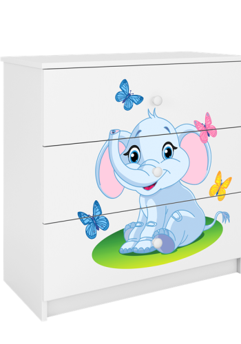 Babydreams brnekommode med elefant med sommerfugle, m. 3 skuffer - hvid laminat