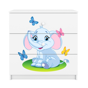 Babydreams brnekommode med elefant med sommerfugle, m. 3 skuffer - hvid laminat
