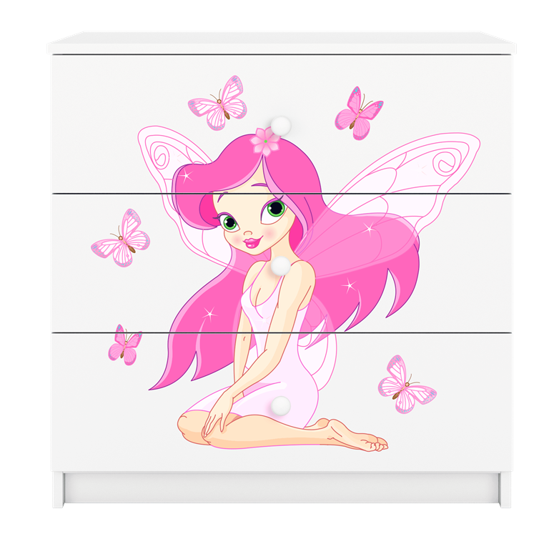 Babydreams brnekommode med fe med sommerfugle, m. 3 skuffer - hvid laminat