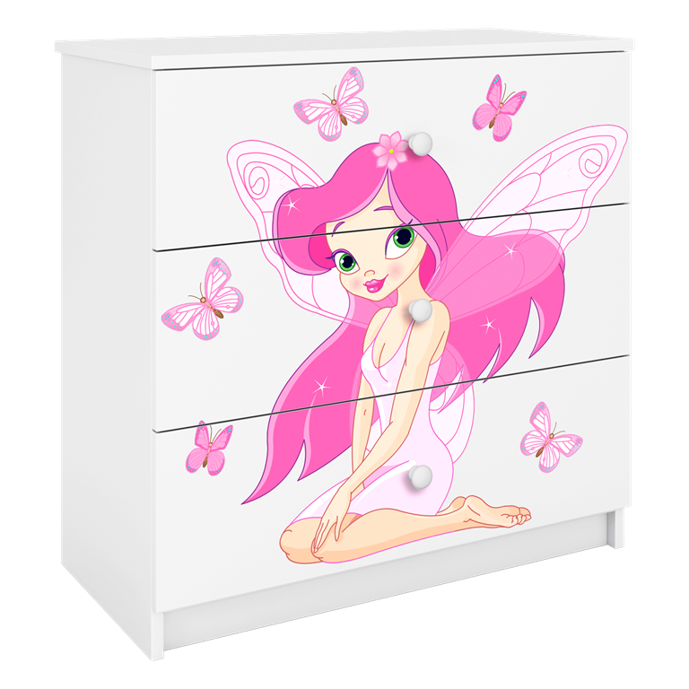 Babydreams brnekommode med fe med sommerfugle, m. 3 skuffer - hvid laminat