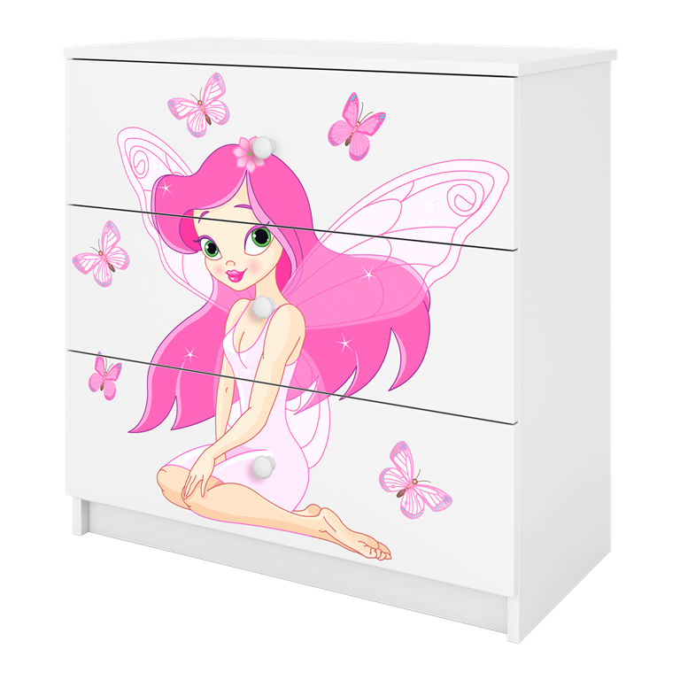 Babydreams brnekommode med fe med sommerfugle, m. 3 skuffer - hvid laminat
