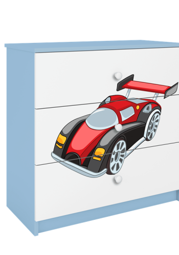 Babydreams brnekommode med racerbil, m. 3 skuffer - hvid og bl laminat