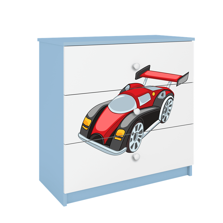 Babydreams brnekommode med racerbil, m. 3 skuffer - hvid og bl laminat