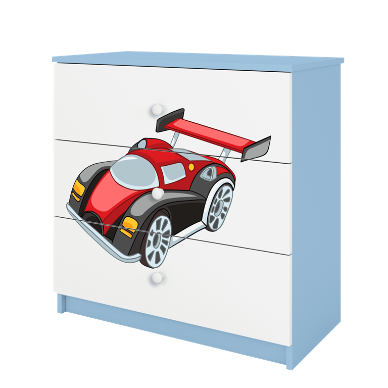 Babydreams brnekommode med racerbil, m. 3 skuffer - hvid og bl laminat