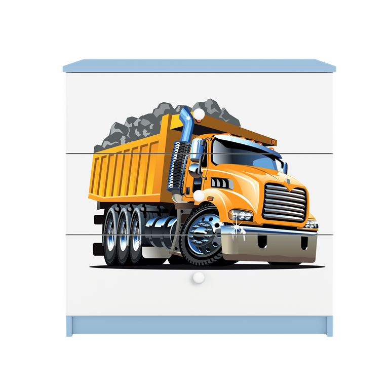 Babydreams brnekommode med lastbil, m. 3 skuffer - hvid og bl laminat