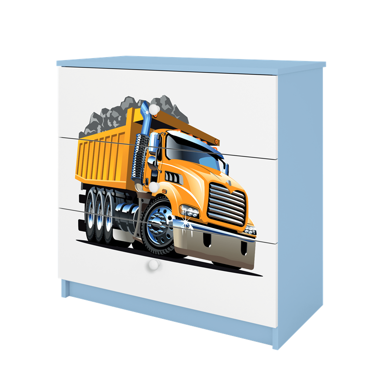 Babydreams brnekommode med lastbil, m. 3 skuffer - hvid og bl laminat
