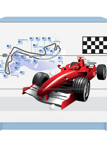 Babydreams brnekommode med racerbil, m. 3 skuffer - hvid og bl laminat