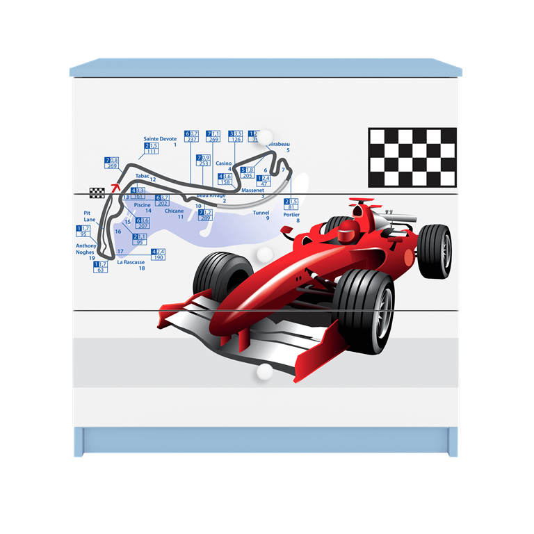 Babydreams brnekommode med racerbil, m. 3 skuffer - hvid og bl laminat