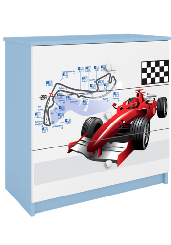 Babydreams brnekommode med racerbil, m. 3 skuffer - hvid og bl laminat