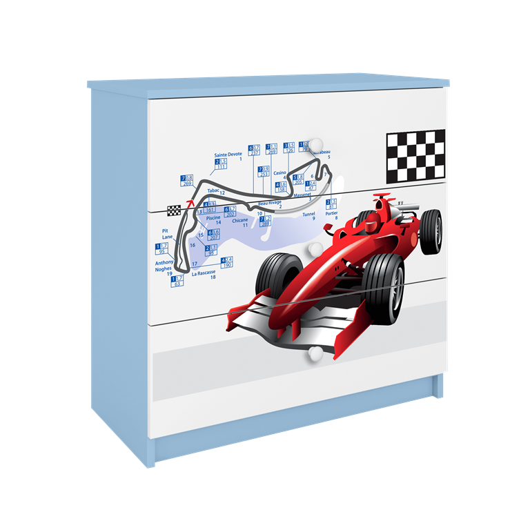 Babydreams brnekommode med racerbil, m. 3 skuffer - hvid og bl laminat