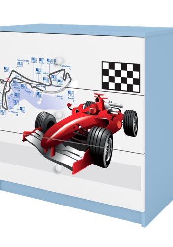 Babydreams brnekommode med racerbil, m. 3 skuffer - hvid og bl laminat