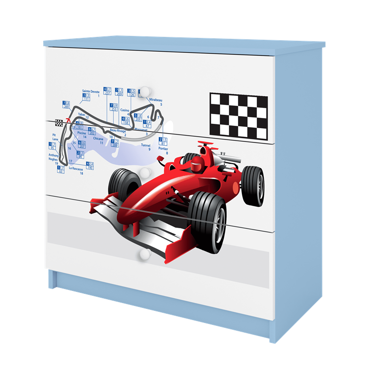 Babydreams brnekommode med racerbil, m. 3 skuffer - hvid og bl laminat