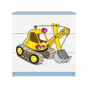 Babydreams brnekommode med gravemaskine, m. 3 skuffer - hvid og bl laminat