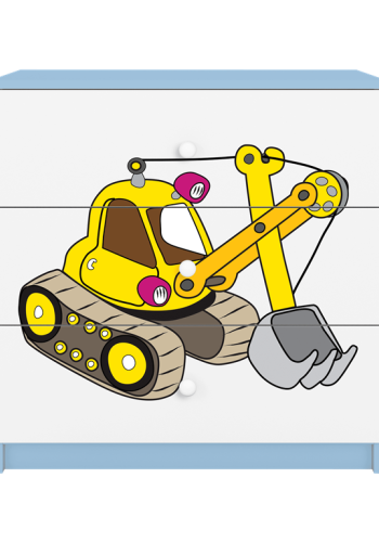 Babydreams brnekommode med gravemaskine, m. 3 skuffer - hvid og bl laminat