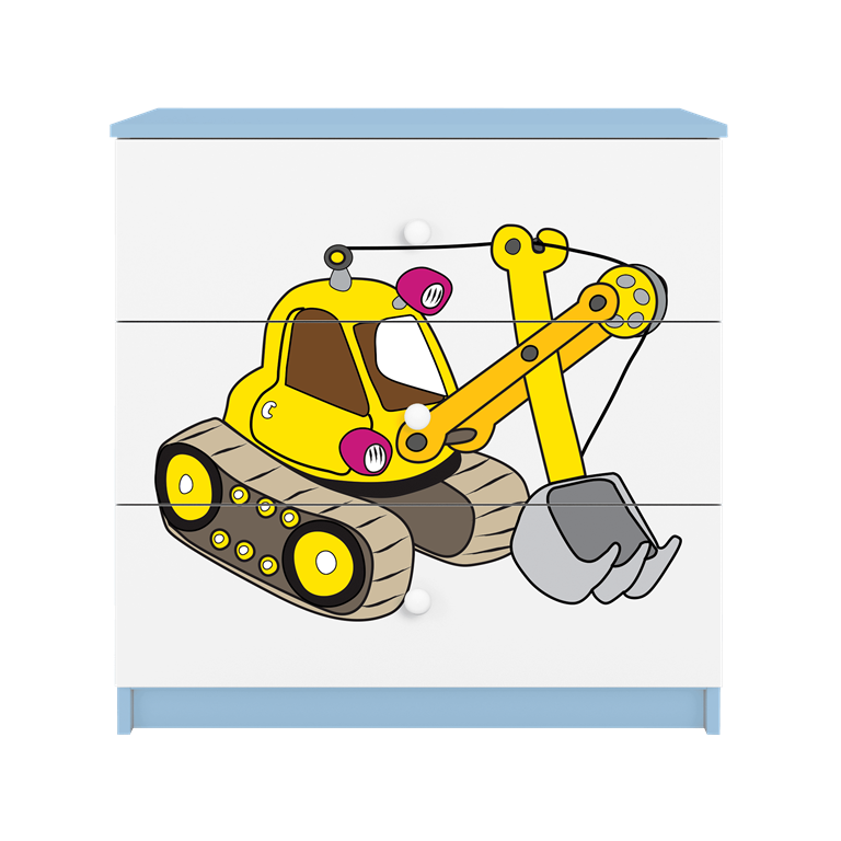 Babydreams brnekommode med gravemaskine, m. 3 skuffer - hvid og bl laminat