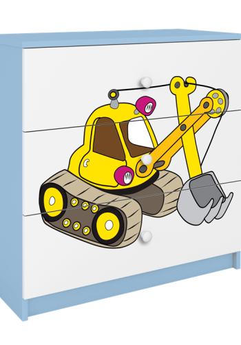 Babydreams brnekommode med gravemaskine, m. 3 skuffer - hvid og bl laminat