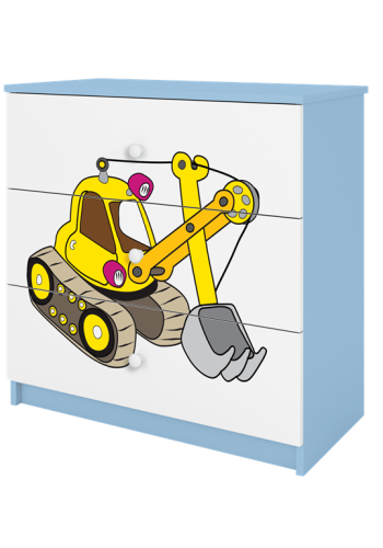 Babydreams brnekommode med gravemaskine, m. 3 skuffer - hvid og bl laminat