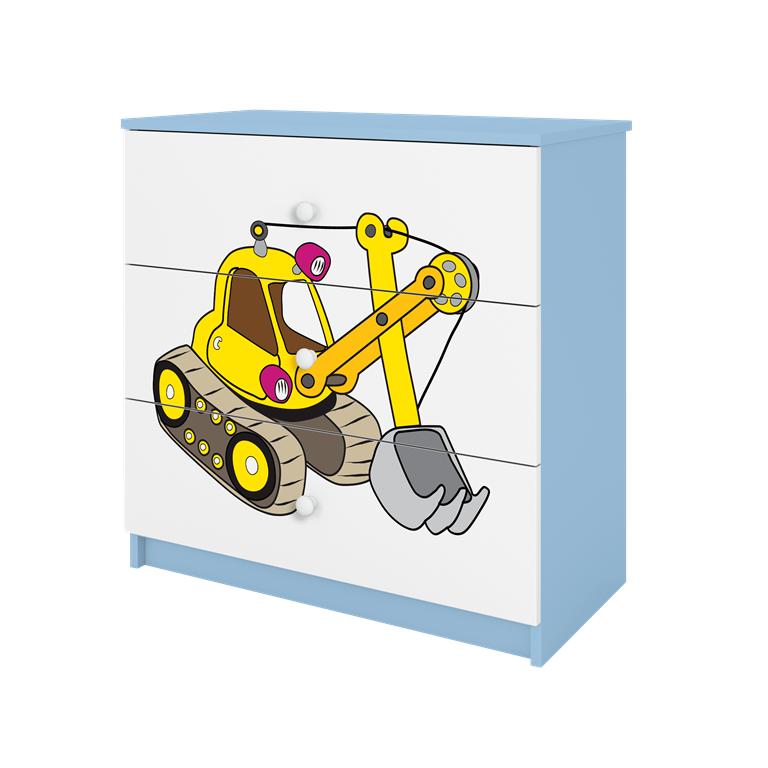 Babydreams brnekommode med gravemaskine, m. 3 skuffer - hvid og bl laminat