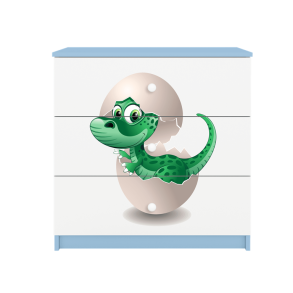 Babydreams brnekommode med lille dino, m. 3 skuffer - hvid og bl laminat
