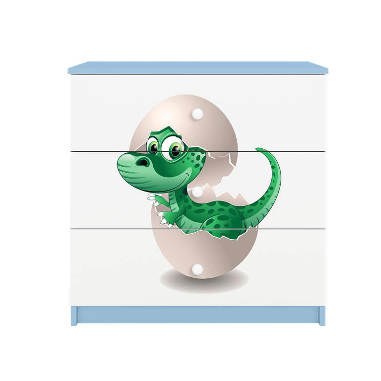 Babydreams brnekommode med lille dino, m. 3 skuffer - hvid og bl laminat
