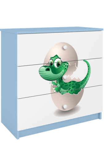 Babydreams brnekommode med lille dino, m. 3 skuffer - hvid og bl laminat