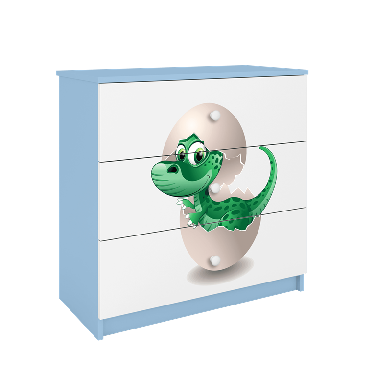 Babydreams brnekommode med lille dino, m. 3 skuffer - hvid og bl laminat