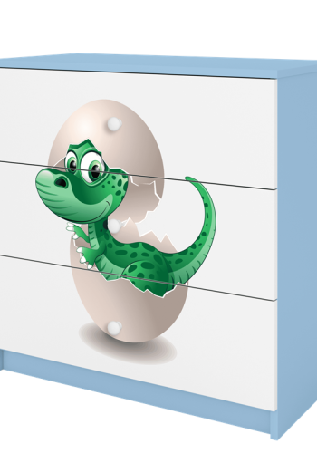 Babydreams brnekommode med lille dino, m. 3 skuffer - hvid og bl laminat