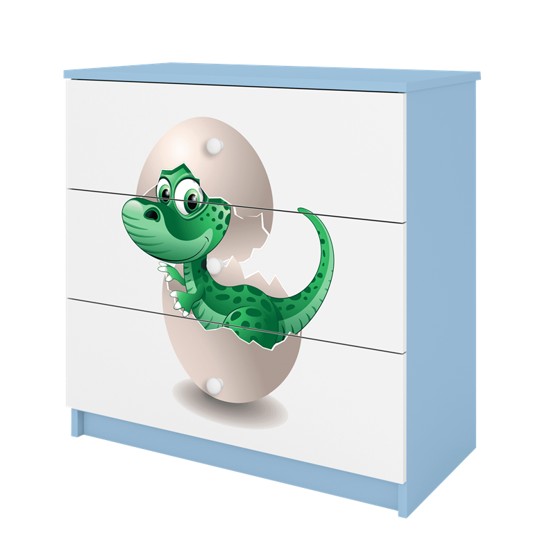 Babydreams brnekommode med lille dino, m. 3 skuffer - hvid og bl laminat