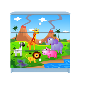 Babydreams brnekommode med safari dyr, m. 3 skuffer - hvid og bl laminat