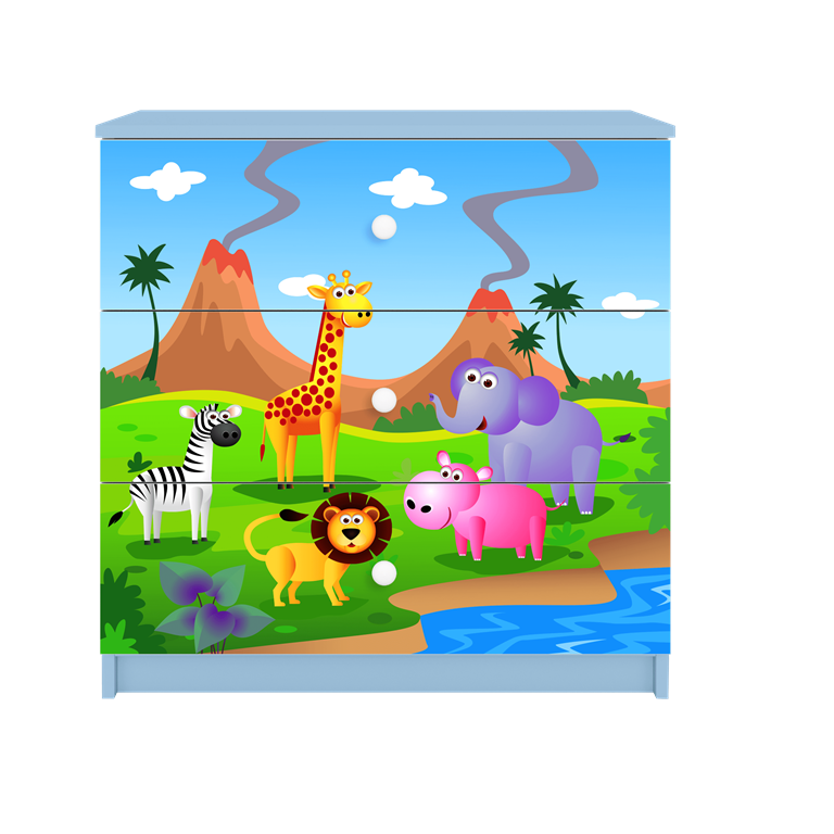 Babydreams brnekommode med safari dyr, m. 3 skuffer - hvid og bl laminat