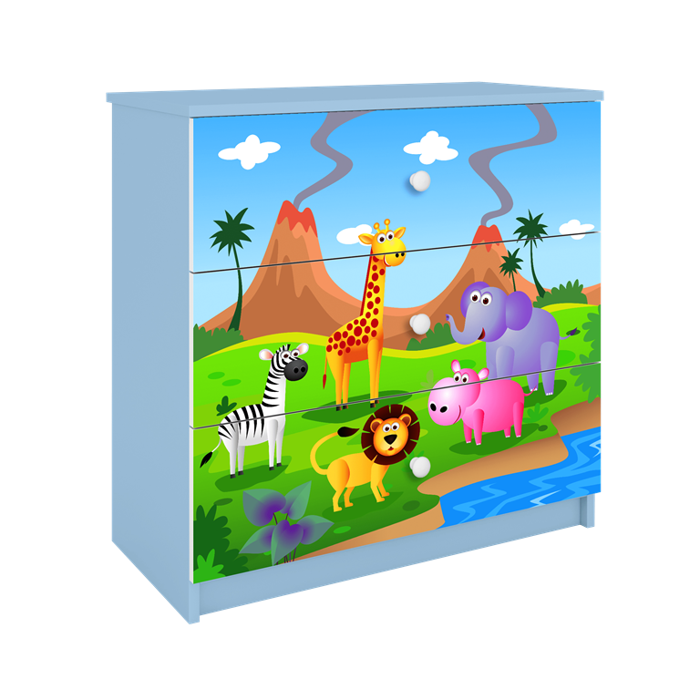 Babydreams brnekommode med safari dyr, m. 3 skuffer - hvid og bl laminat