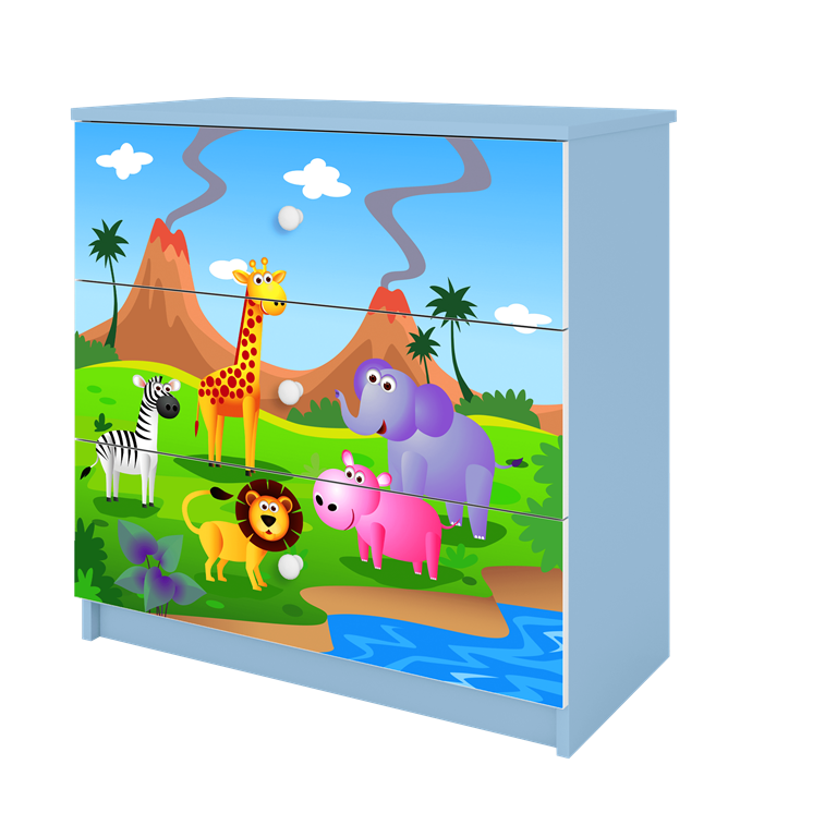 Babydreams brnekommode med safari dyr, m. 3 skuffer - hvid og bl laminat