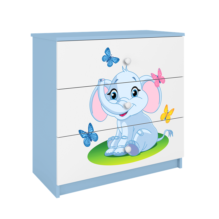 Babydreams brnekommode med elefant med sommerfugle, m. 3 skuffer - hvid og bl laminat