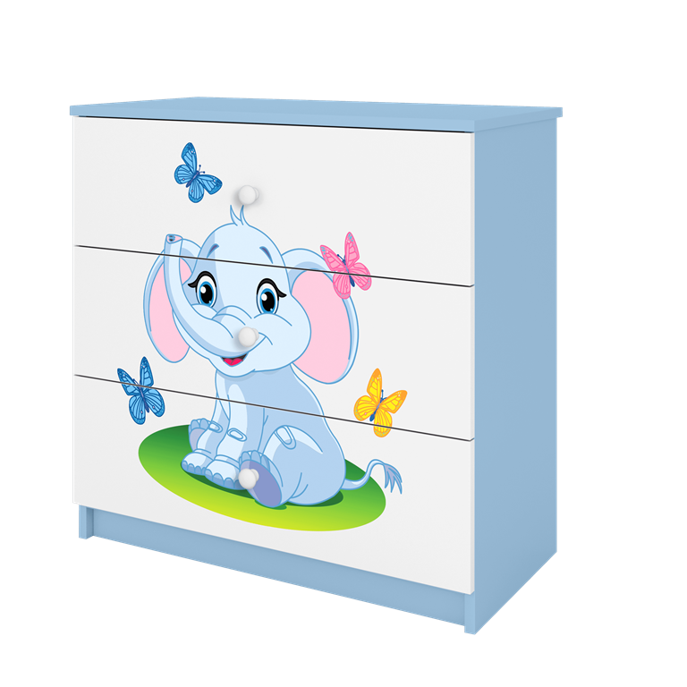 Babydreams brnekommode med elefant med sommerfugle, m. 3 skuffer - hvid og bl laminat