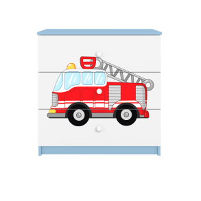Babydreams brnekommode med brandbil, m. 3 skuffer - hvid og bl laminat