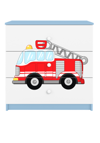 Babydreams brnekommode med brandbil, m. 3 skuffer - hvid og bl laminat