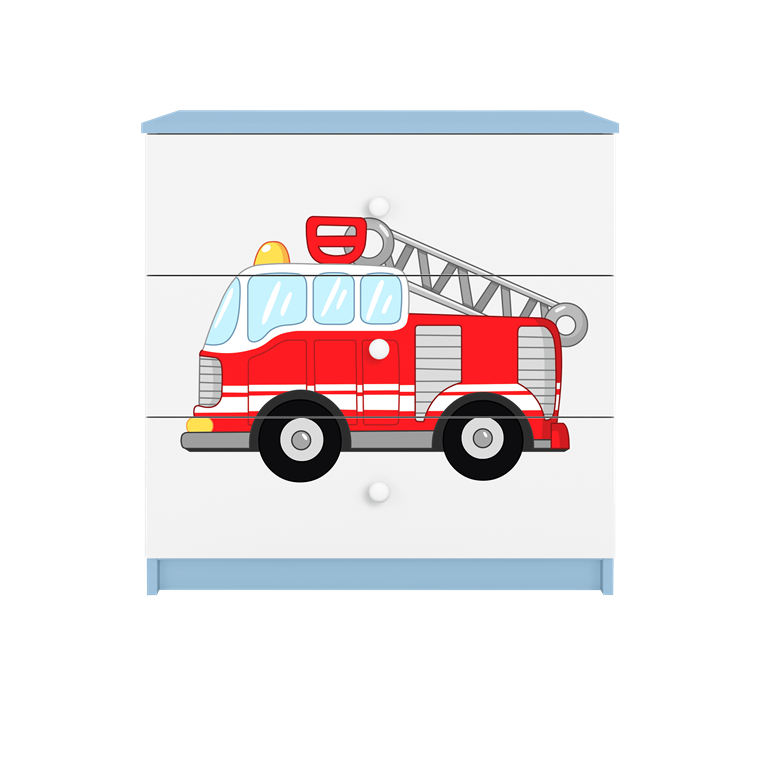 Babydreams brnekommode med brandbil, m. 3 skuffer - hvid og bl laminat