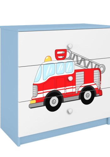 Babydreams brnekommode med brandbil, m. 3 skuffer - hvid og bl laminat