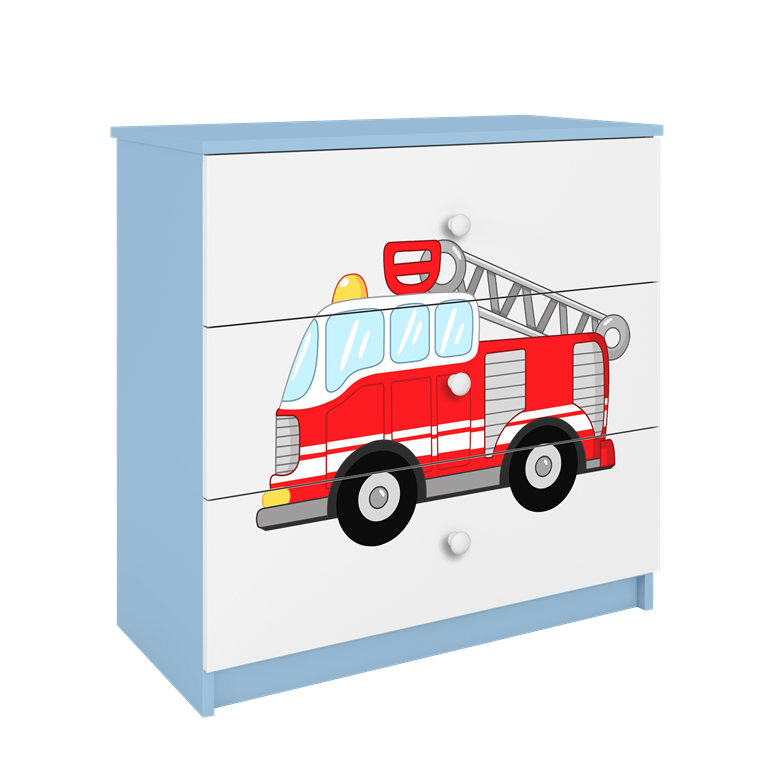 Babydreams brnekommode med brandbil, m. 3 skuffer - hvid og bl laminat