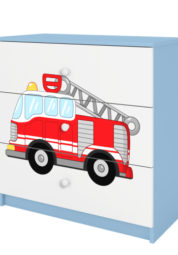 Babydreams brnekommode med brandbil, m. 3 skuffer - hvid og bl laminat