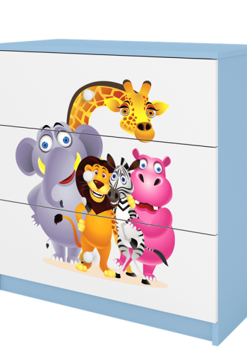 Babydreams brnekommode med Zoo dyr, m. 3 skuffer - hvid og bl laminat