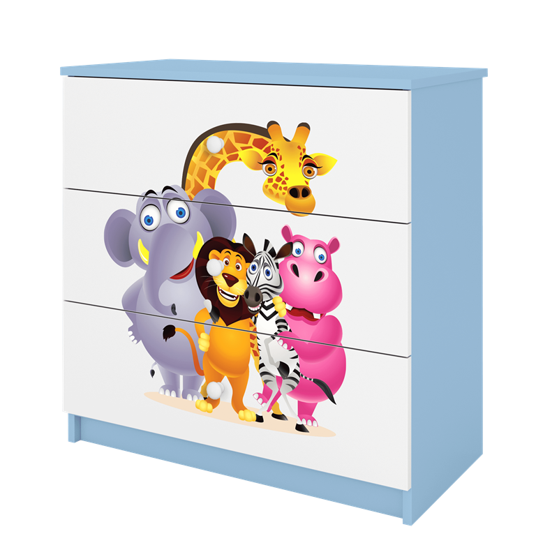 Babydreams brnekommode med Zoo dyr, m. 3 skuffer - hvid og bl laminat