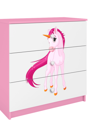 Babydreams brnekommode med enhjrning, m. 3 skuffer - hvid og lyserd laminat
