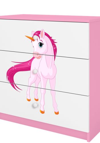 Babydreams brnekommode med enhjrning, m. 3 skuffer - hvid og lyserd laminat