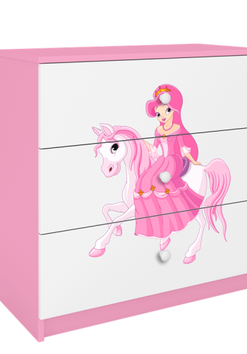 Babydreams brnekommode med prinsesse p hest, m. 3 skuffer - hvid og lyserd laminat