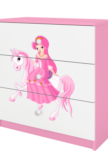 Babydreams brnekommode med prinsesse p hest, m. 3 skuffer - hvid og lyserd laminat