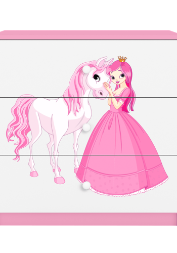 Babydreams brnekommode med prinsesse med hest, m. 3 skuffer - hvid og lyserd laminat