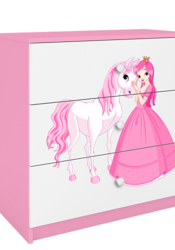 Babydreams brnekommode med prinsesse med hest, m. 3 skuffer - hvid og lyserd laminat